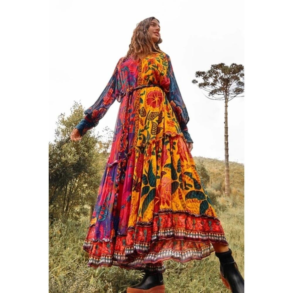 Farm Rio Mixed Prints Button Down Maxi Dress Long Sleeve Multicolor Size L NWT - Picture 3 of 13